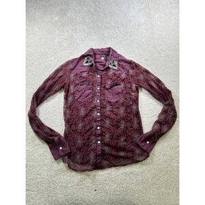 BKE Boutique Shirt‎ Womens Small Sheer Embroidered Mesh Western Bling Collar Top